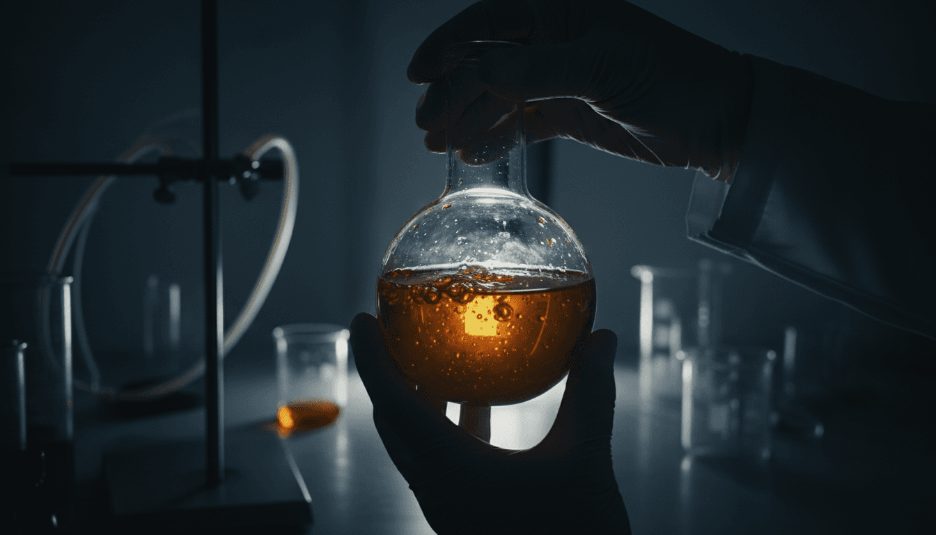 Mãos segurando frasco de vidro com líquido âmbar em laboratório com iluminação dramática