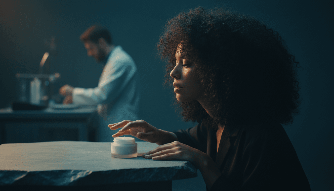 Mão feminina ao lado de pote de creme branco em mesa de pedra com laboratório ao fundo