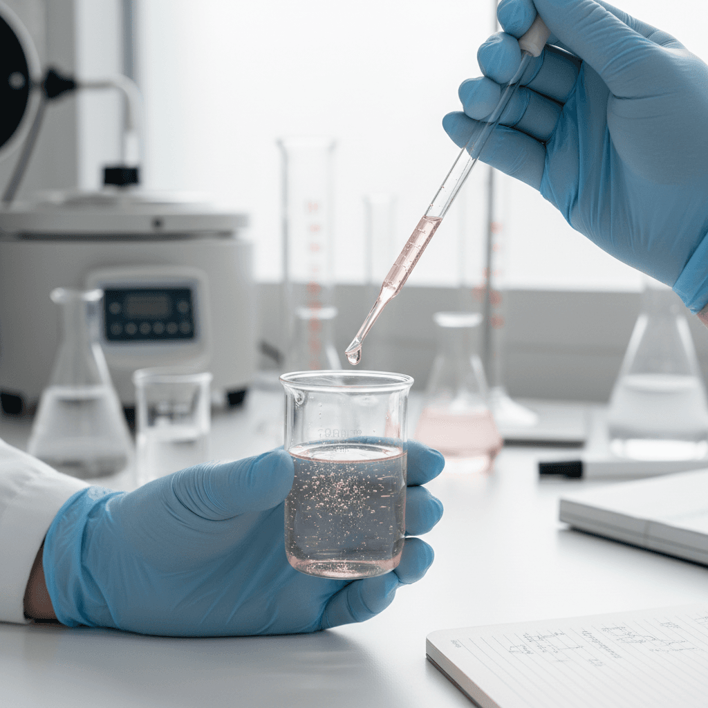 Engenheira química em laboratório a analisar um creme num frasco de vidro